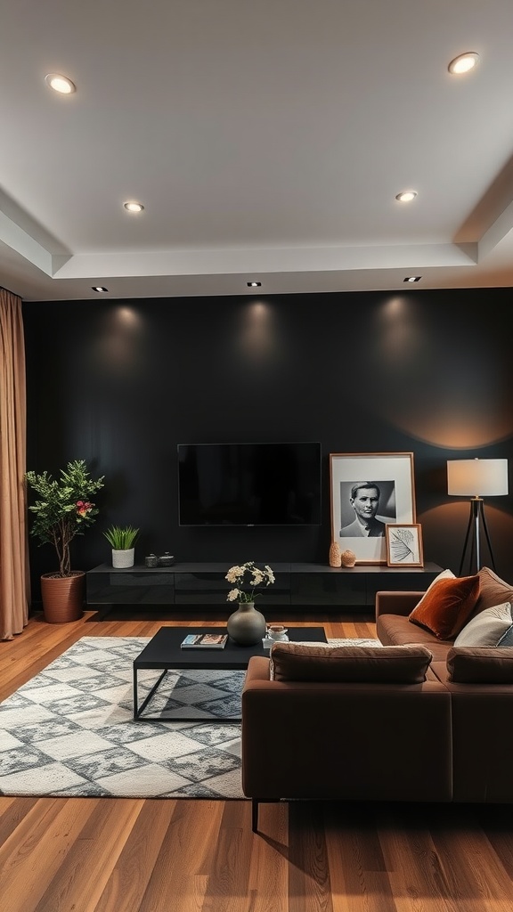 Living room featuring a black accent wall with a modern design, wooden flooring, and stylish furniture.