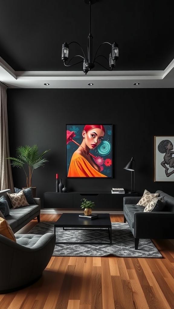 A modern living room with black walls, stylish furniture, and vibrant artwork.