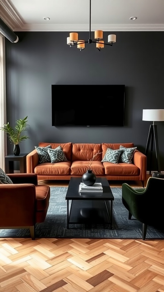 Living room with a brown couch, black walls, and stylish decor.