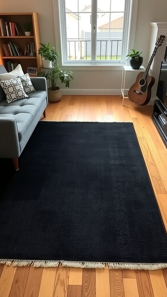 Living room featuring a bold black and navy area rug with a grey sofa, wooden flooring, and plants.