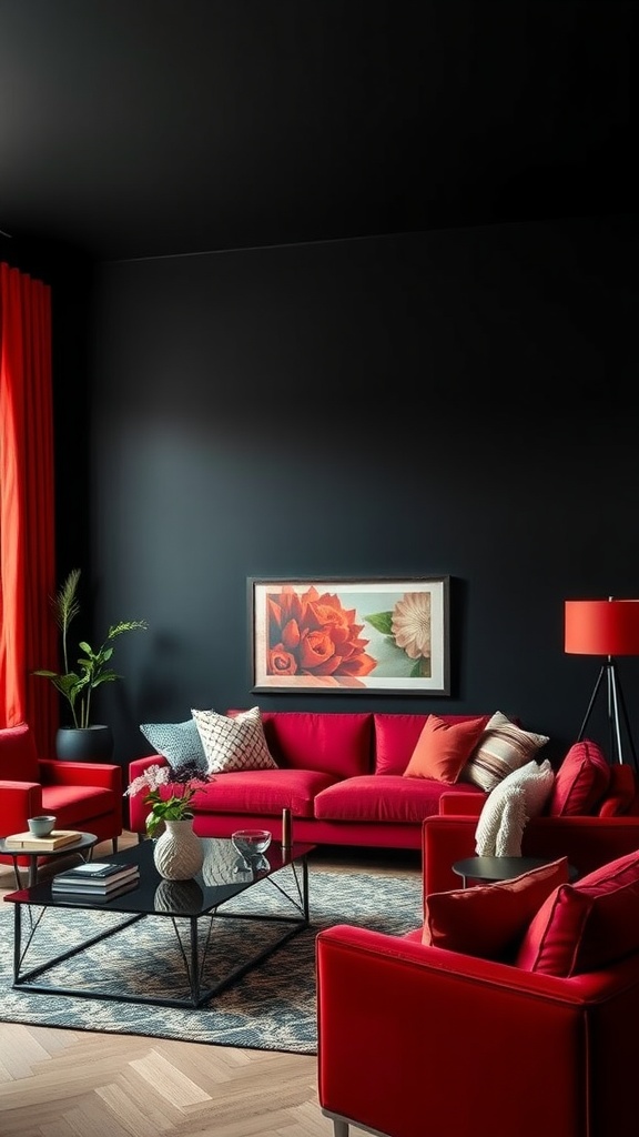 A living room featuring black walls and red furniture, with floral wall art and a modern coffee table.