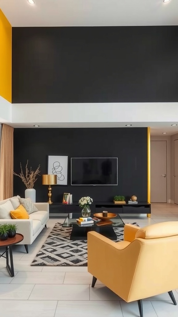 A living room featuring a bold black and yellow accent wall, with modern furniture and decor elements.