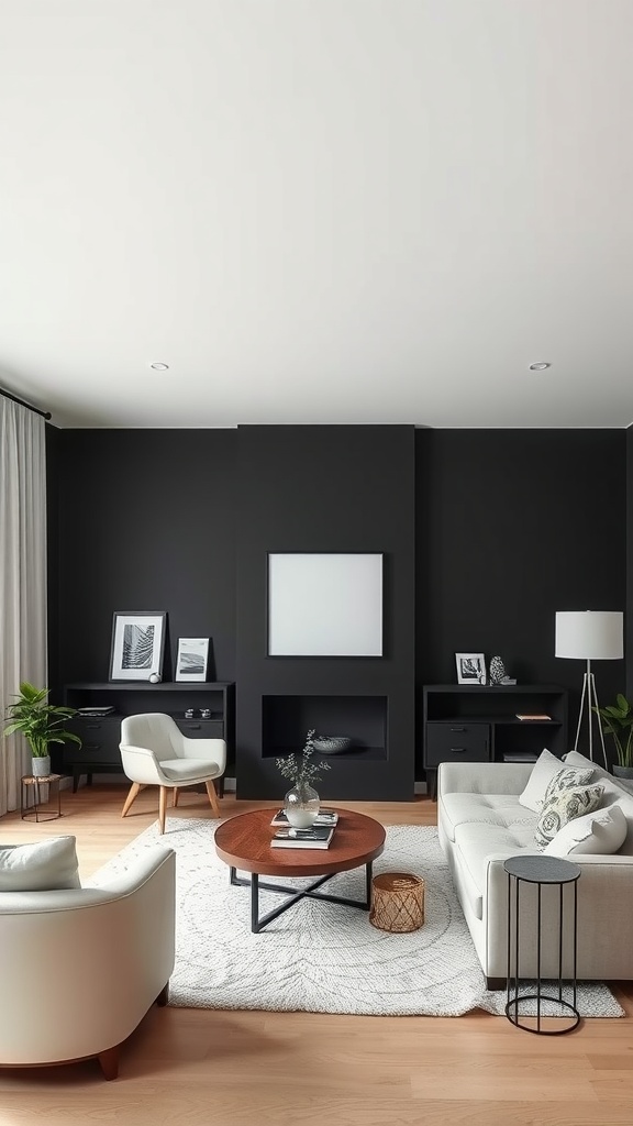 A modern living room featuring bold black walls, light-colored furniture, and natural wood accents.