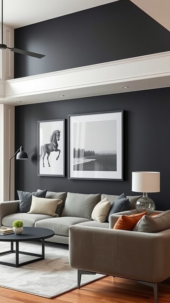 A stylish living room with a black accent wall featuring two black-framed artworks, a grey couch, and a modern lamp.