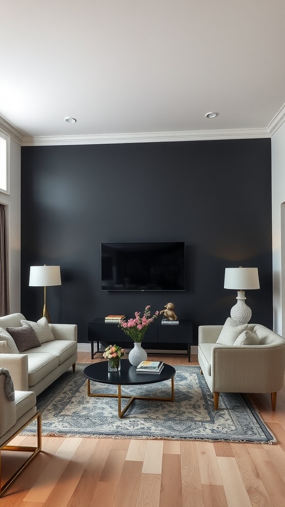 Living room featuring a bold black statement wall with light sofas and modern decor.