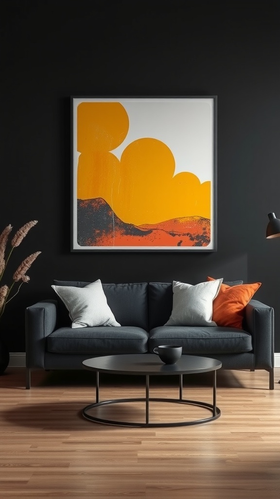 A modern living room with a black wall, featuring an abstract orange wall art above a dark couch