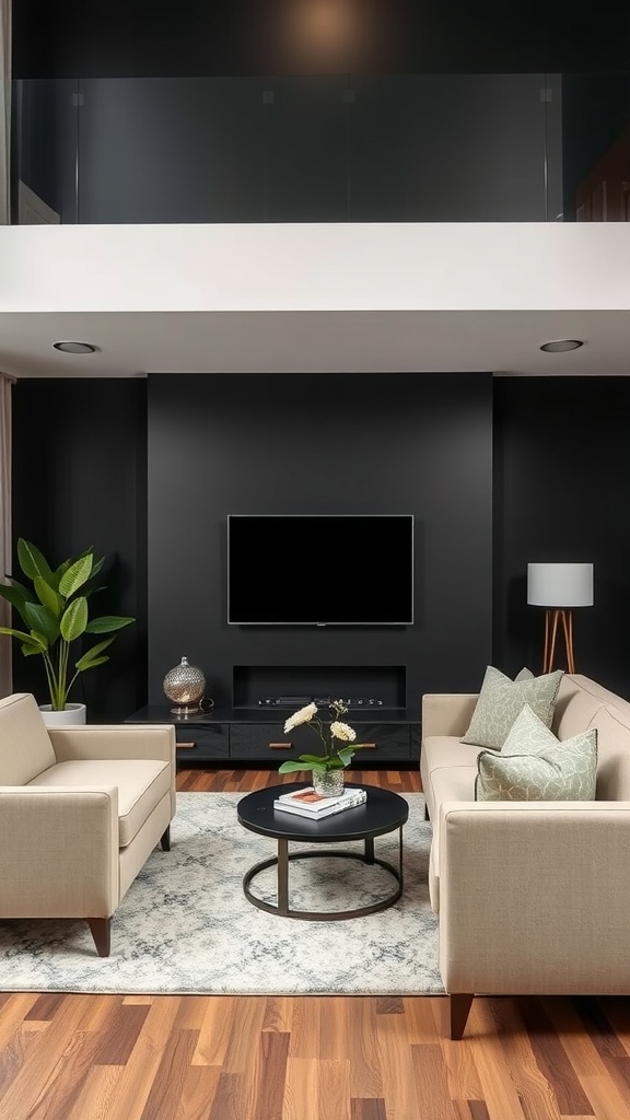 Living room featuring a bold black wall, beige furniture, and a stylish coffee table.