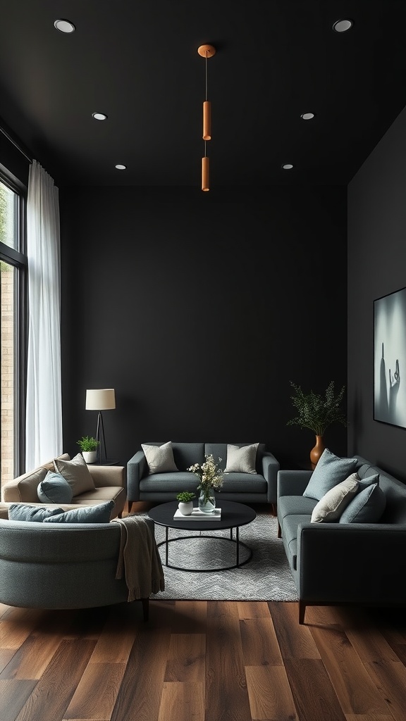 Living room featuring bold black walls and grey furnishings, with natural light and plants.