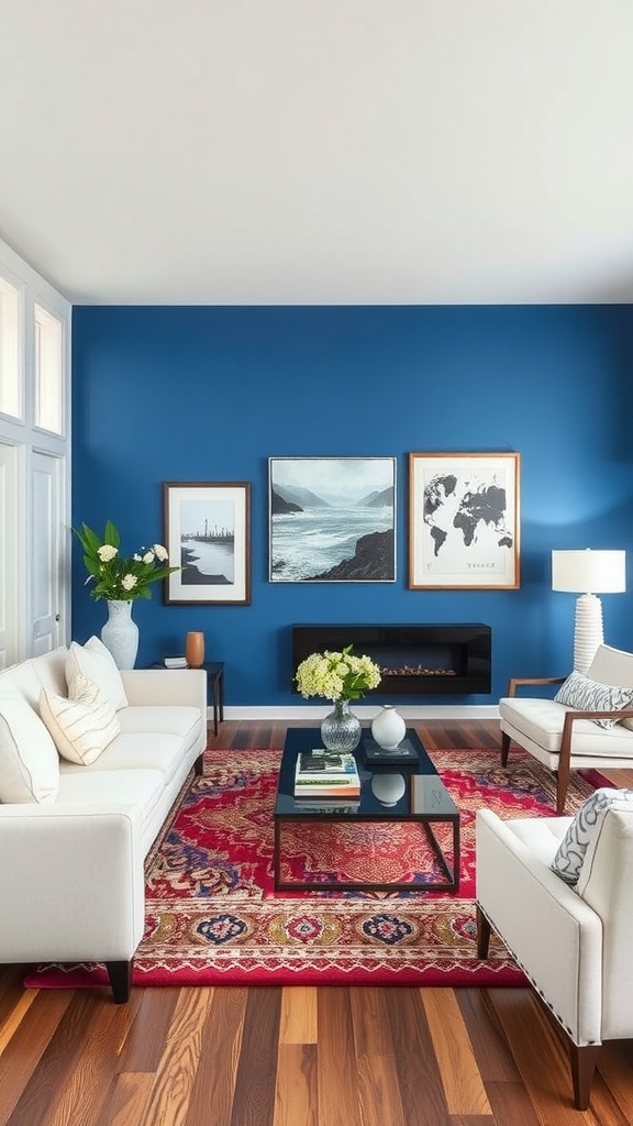 Living room with a bold blue feature wall, white sofas, and a colorful area rug.