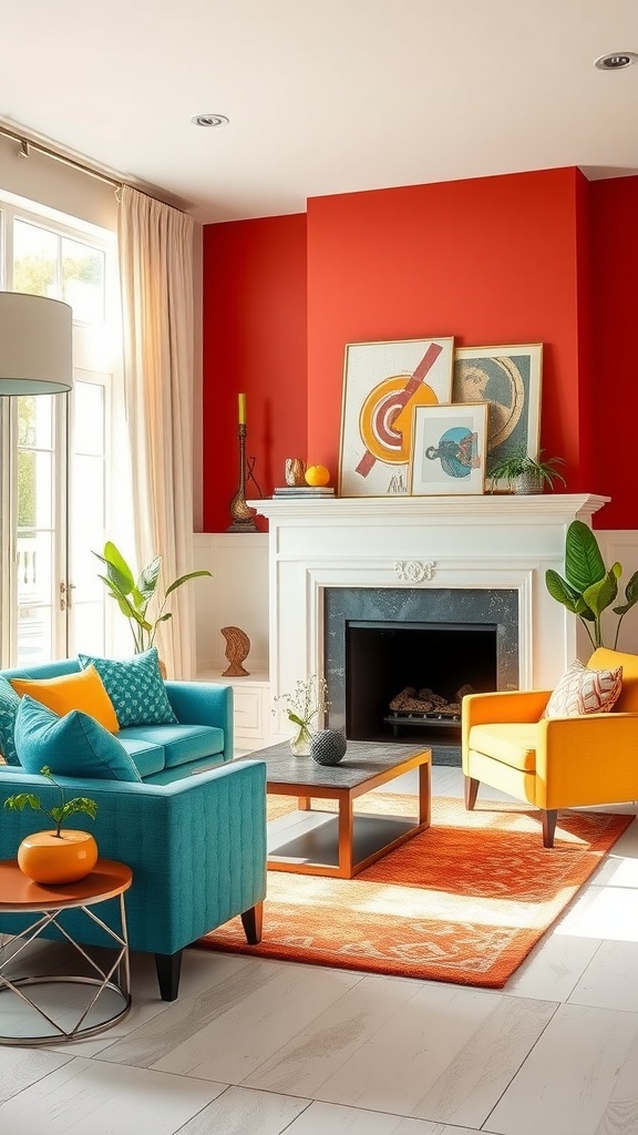 A living room featuring a bold red wall, turquoise chairs, and bright orange accents, creating a vibrant and lively atmosphere.