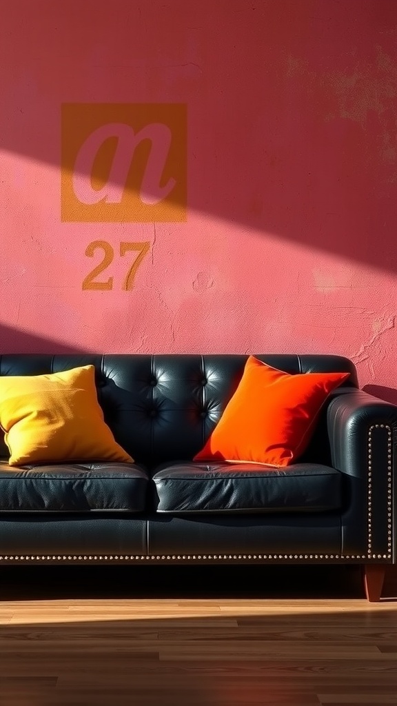 A black leather couch with bright yellow and orange pillows against a pink wall.