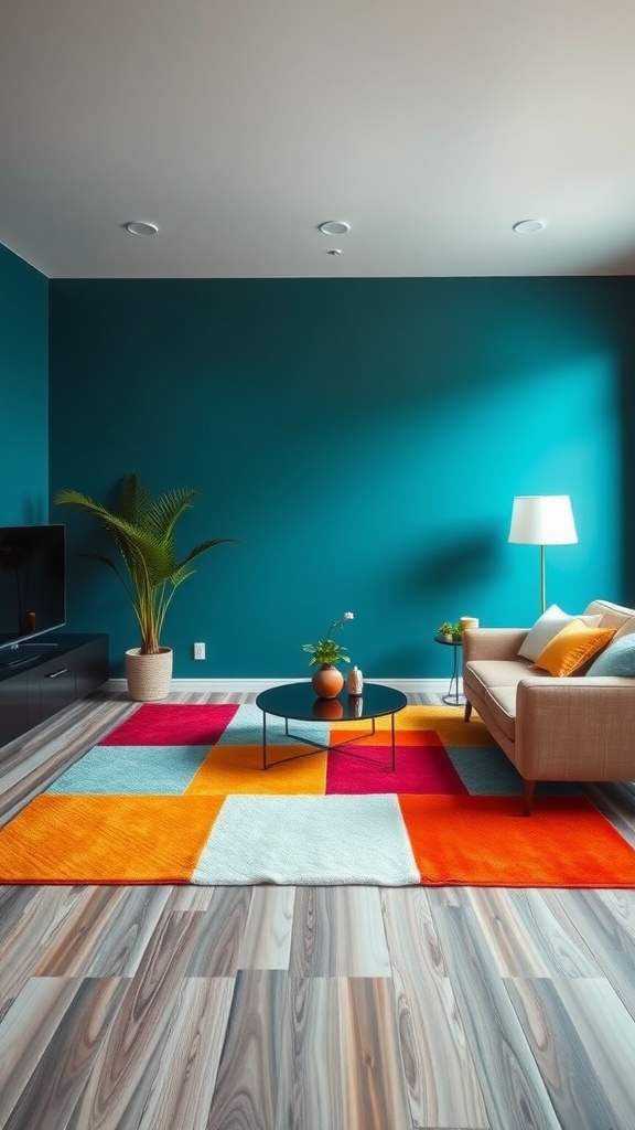 A living room featuring a colorful block rug with orange, red, pink, and white patches against a teal wall.