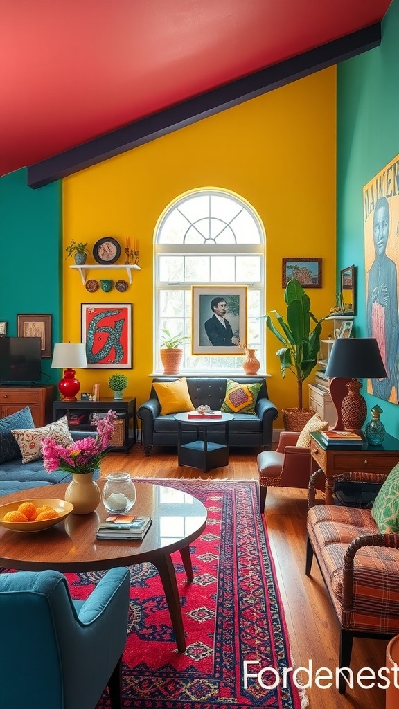 A colorful living room and dining area featuring bold yellow, teal, and red walls with stylish furniture and decor.