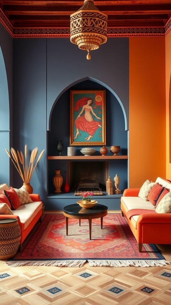 A Moroccan living room with bold blue and orange walls, vibrant furniture, and decorative items.