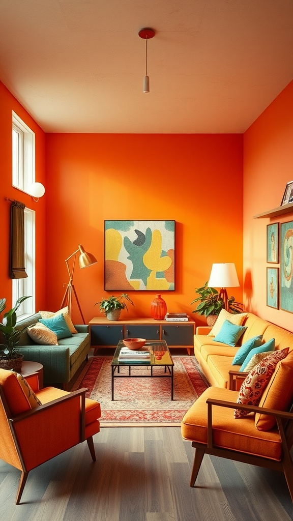 A vibrant 1960s sunken living room with orange walls and colorful furniture