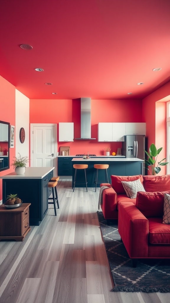 A bold open kitchen-living room featuring vibrant red walls and ceiling with dark cabinets and a cozy red sofa.