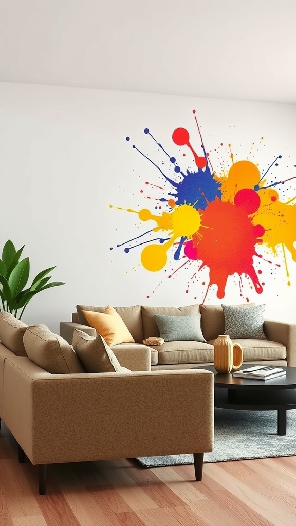 A living room featuring a vibrant accent wall with colorful paint splatters, complemented by neutral furniture.