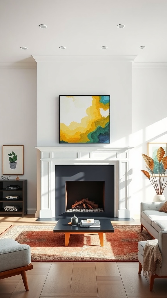 Living room with white walls and a black fireplace, featuring a colorful artwork above the fireplace