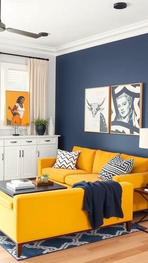 Living room featuring a mustard yellow sofa and navy blue walls, with patterned decor and neutral furniture.