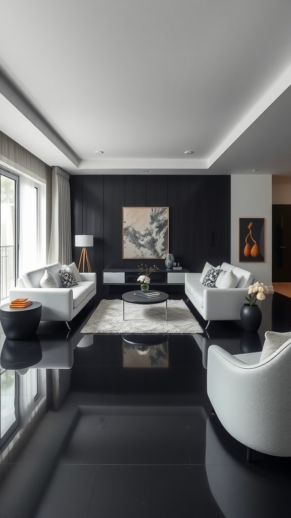 Living room with black floor and white accented furniture, featuring modern decor.