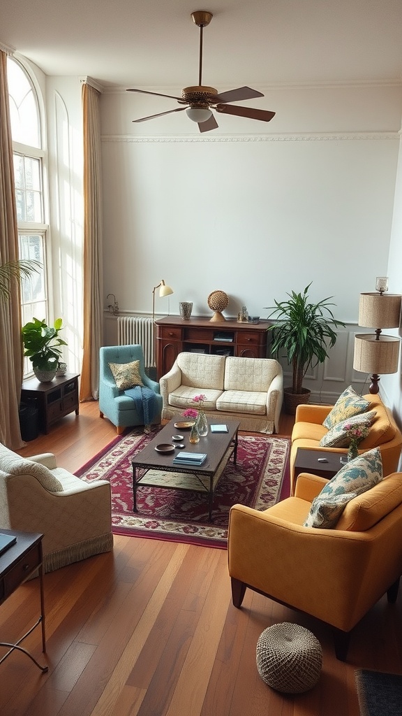 A sunken living room with various colorful furniture arrangements, featuring a coffee table and plants.