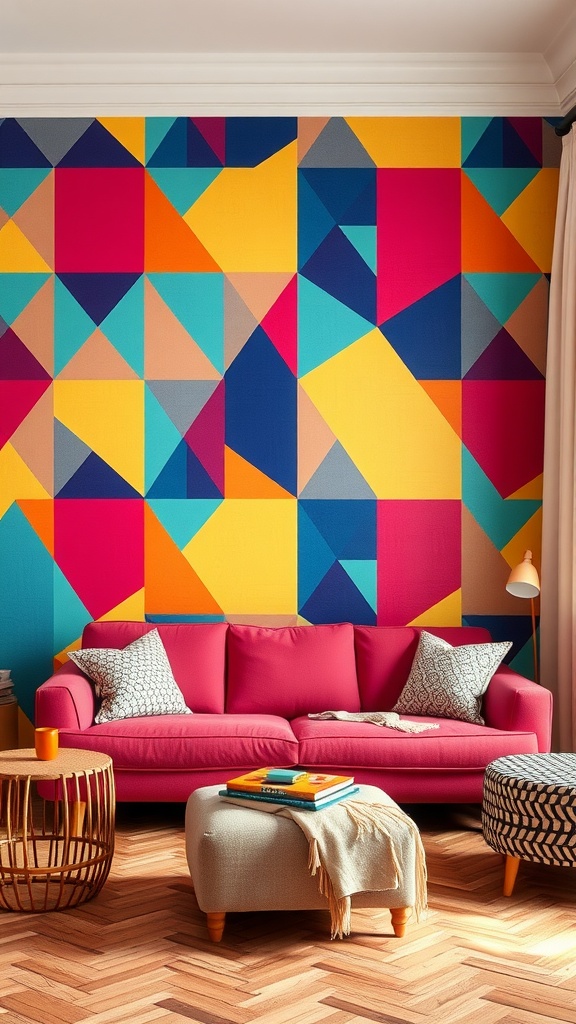 Living room with bold geometric patterned wallpaper in vibrant colors.