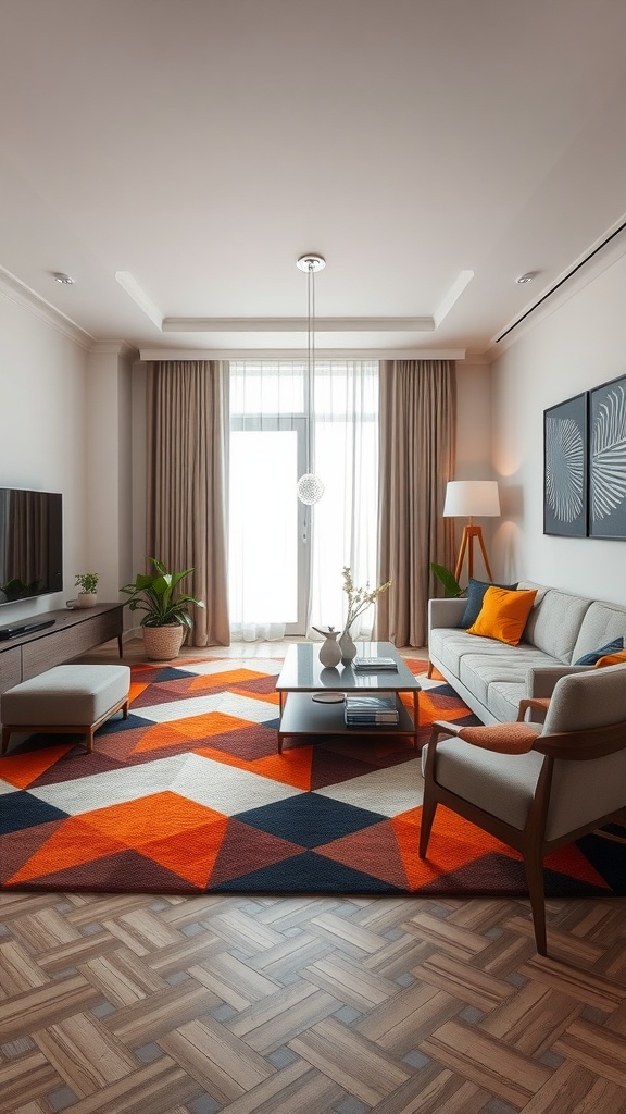 Living room featuring a bold geometric patterned rug in orange, navy, and cream colors, with modern furniture.