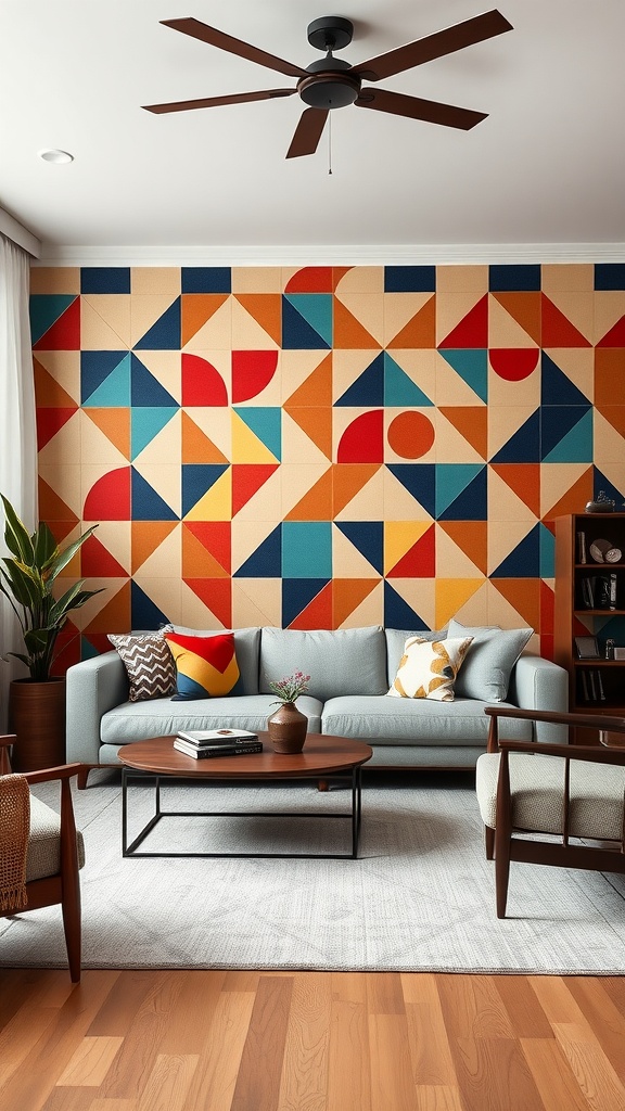 Living room with an accent wall featuring bold geometric patterns in various colors.