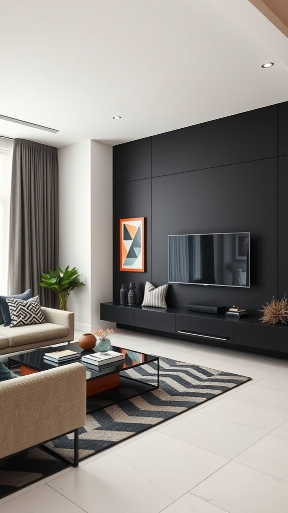 A modern living room featuring a black accent wall with geometric artwork, a beige sofa, a geometric rug, and decorative plants.