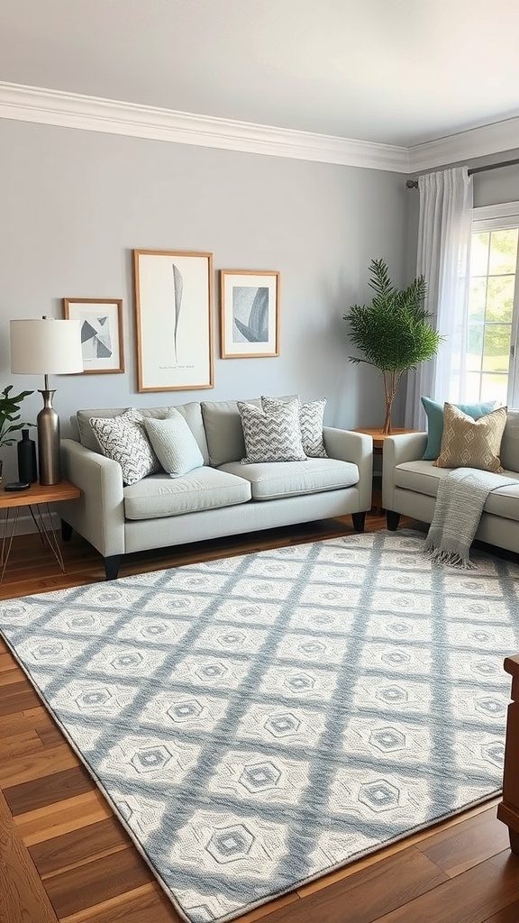 A grey and white living room featuring a bold geometric area rug, light grey sofas, and modern decor.