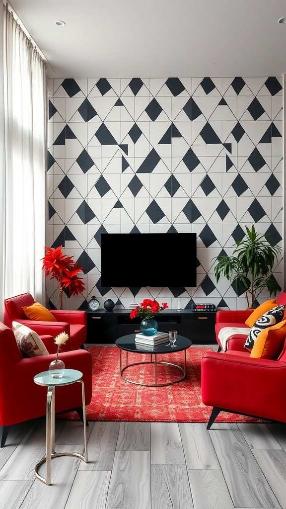 A modern living room with a geometric patterned wall, red chairs, and a round coffee table.