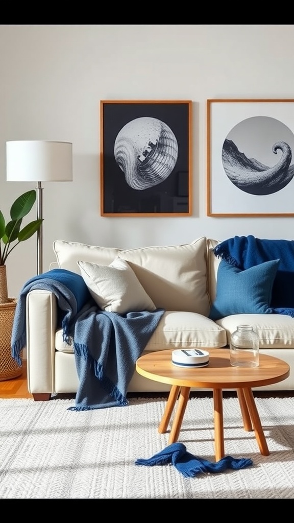 Cozy living room with indigo throw blankets on a light sofa, complemented by blue cushions and framed artwork.