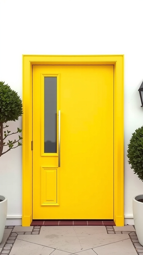 Bright lemon yellow front door with modern hardware surrounded by greenery