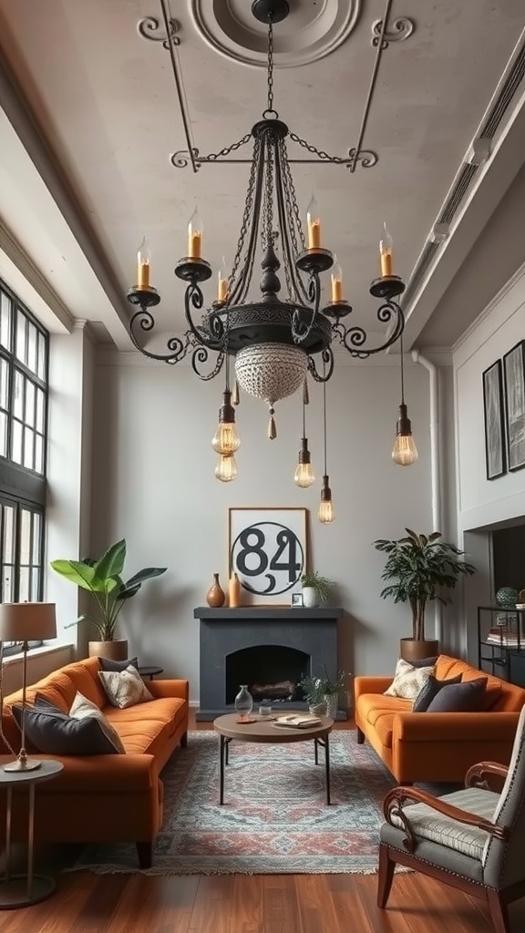 A stylish boho industrial living room featuring a bold chandelier, orange sofas, and a cozy atmosphere.