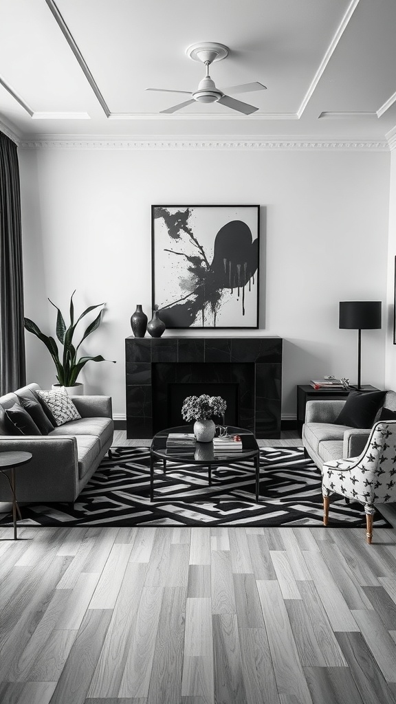 A modern living room featuring a bold black and white color scheme with abstract artwork, gray sofas, and a patterned rug.