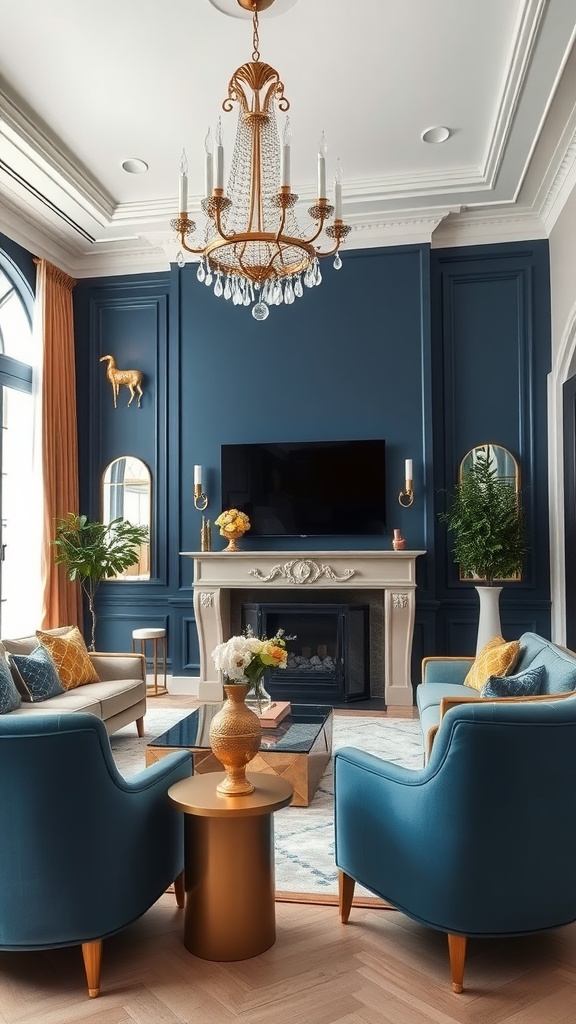 Living room featuring a bold navy accent wall, gold chandelier, and stylish blue chairs.