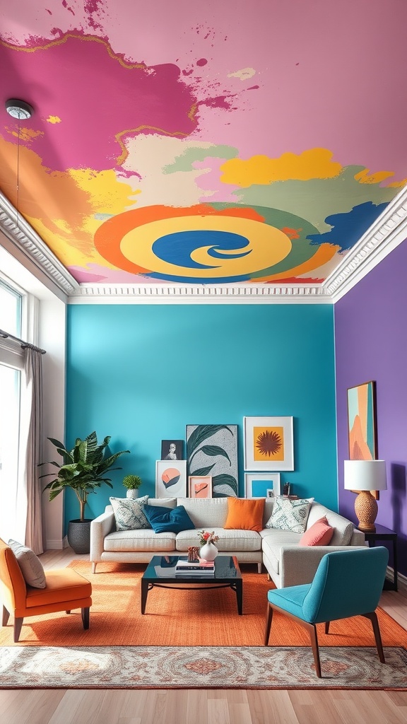 A living room featuring a bold painted ceiling in vibrant colors with turquoise and purple walls.