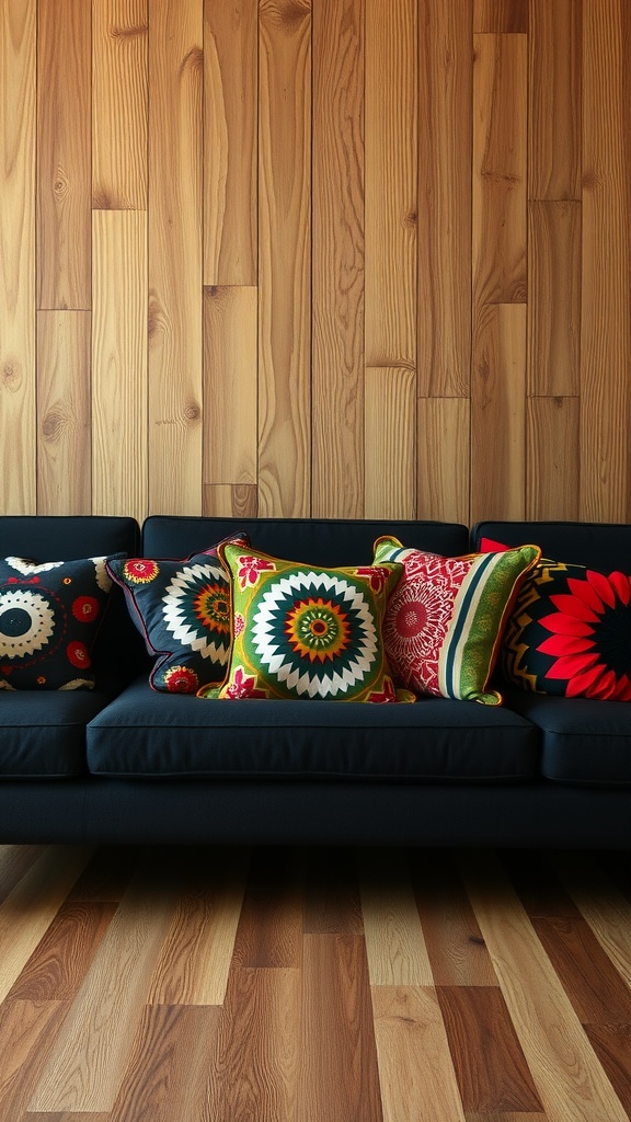 A black sofa decorated with colorful patterned pillows against a wooden wall.