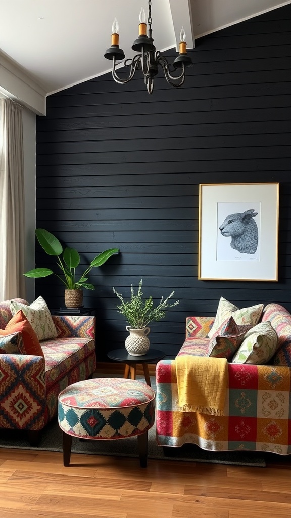 Living room with black shiplap wall and colorful patterned sofas, plants, and framed art.