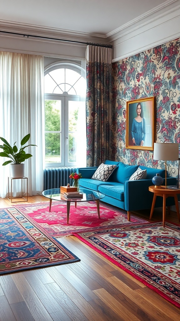 Living room featuring a blue couch with bold patterns on the walls and rugs.