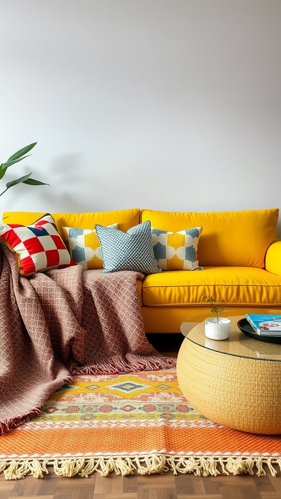 A living room featuring a yellow couch adorned with patterned pillows and a cozy throw blanket, accompanied by a textured coffee table and colorful rug.