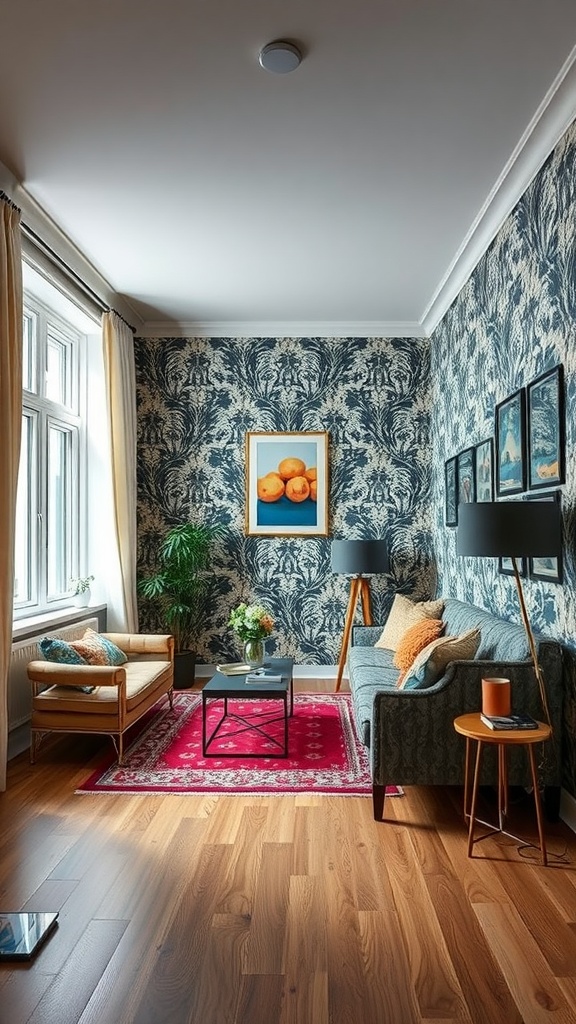 A small living room with bold patterned wallpaper, a cozy sofa, and vibrant decor.