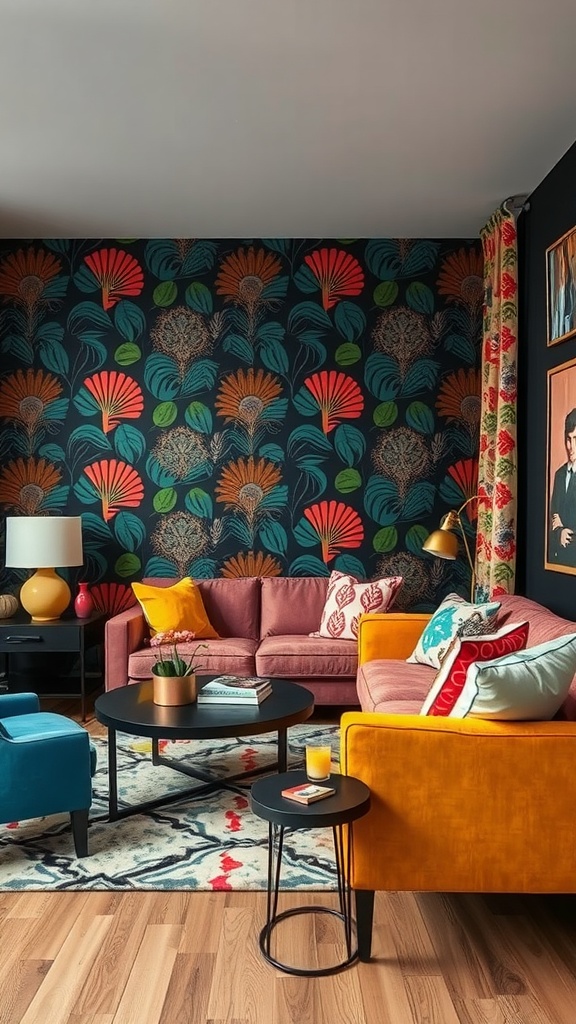 A lively living room featuring bold patterned wallpaper, colorful sofas, and a cozy layout.