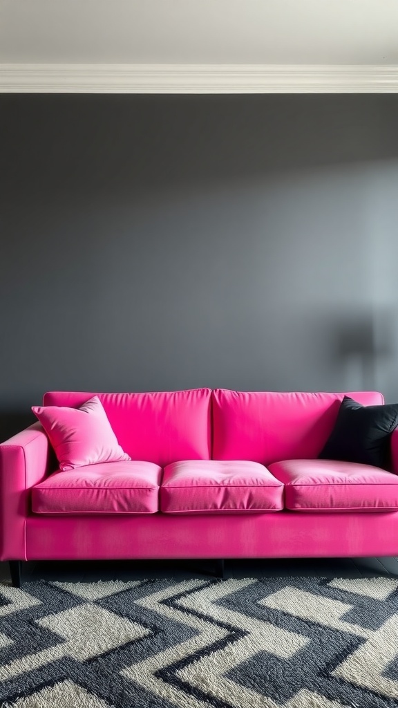 A bright pink sofa with black accents against a dark wall.