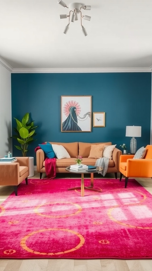 A vibrant living room featuring a bright pink rug with circular patterns, teal walls, an orange armchair, and a beige sofa.