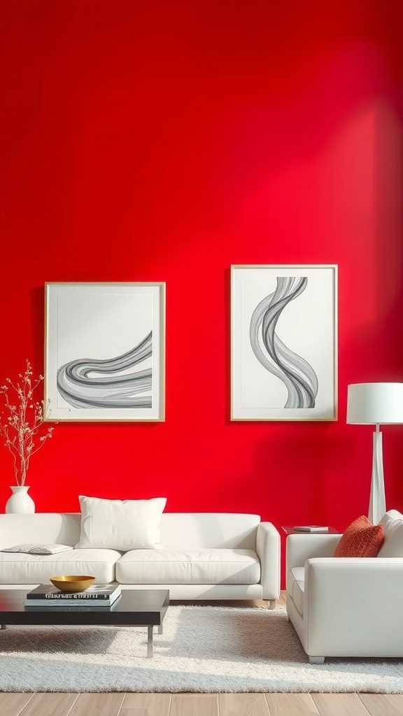 Living room with a bold red accent wall, white sofas, and black and white wall art