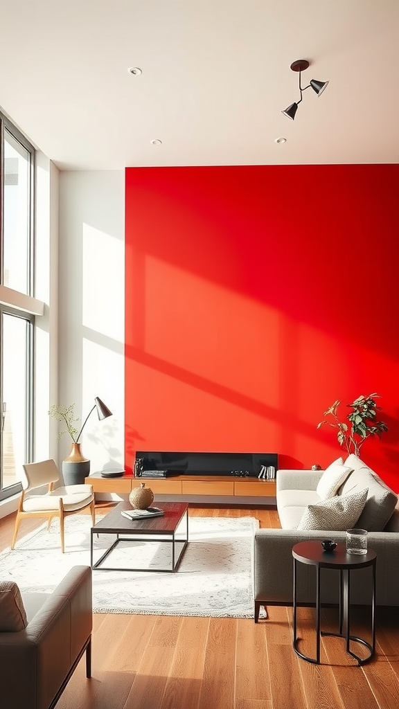 Living room with a bold red accent wall, featuring neutral furniture and large windows