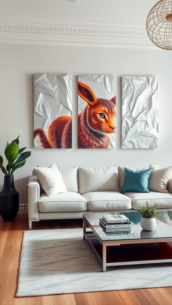 A modern living room featuring bold silver wall art depicting a rabbit, with a cozy couch and a coffee table.