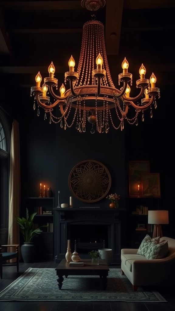 A dark boho living room featuring a bold chandelier with warm lighting.