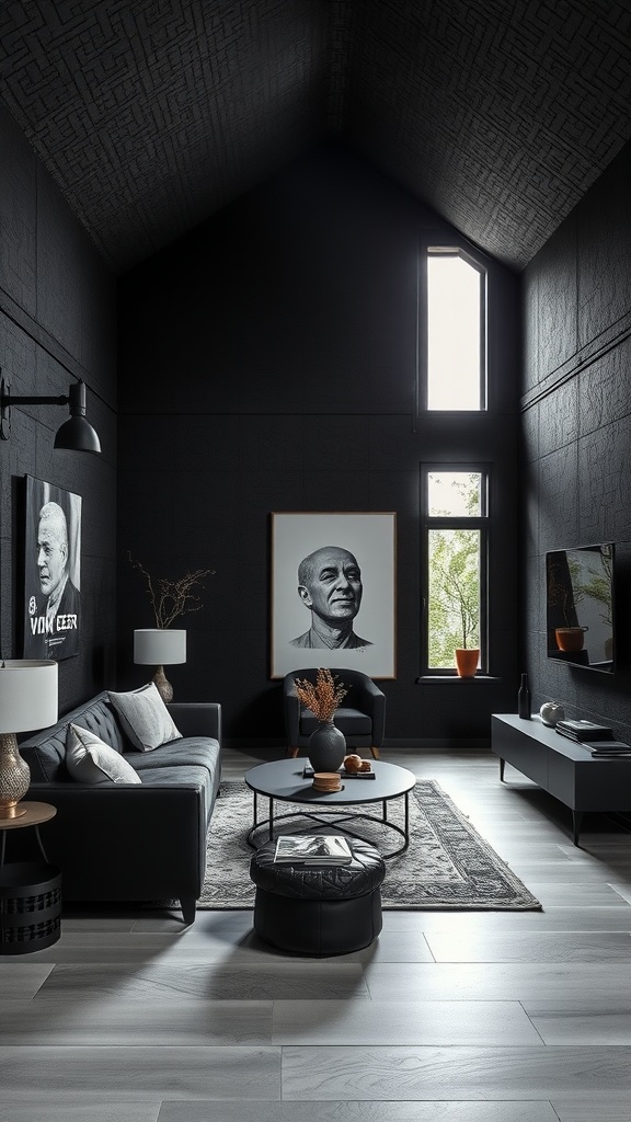 A stylish sunken living room featuring textured black walls, sleek furniture, and modern artwork.